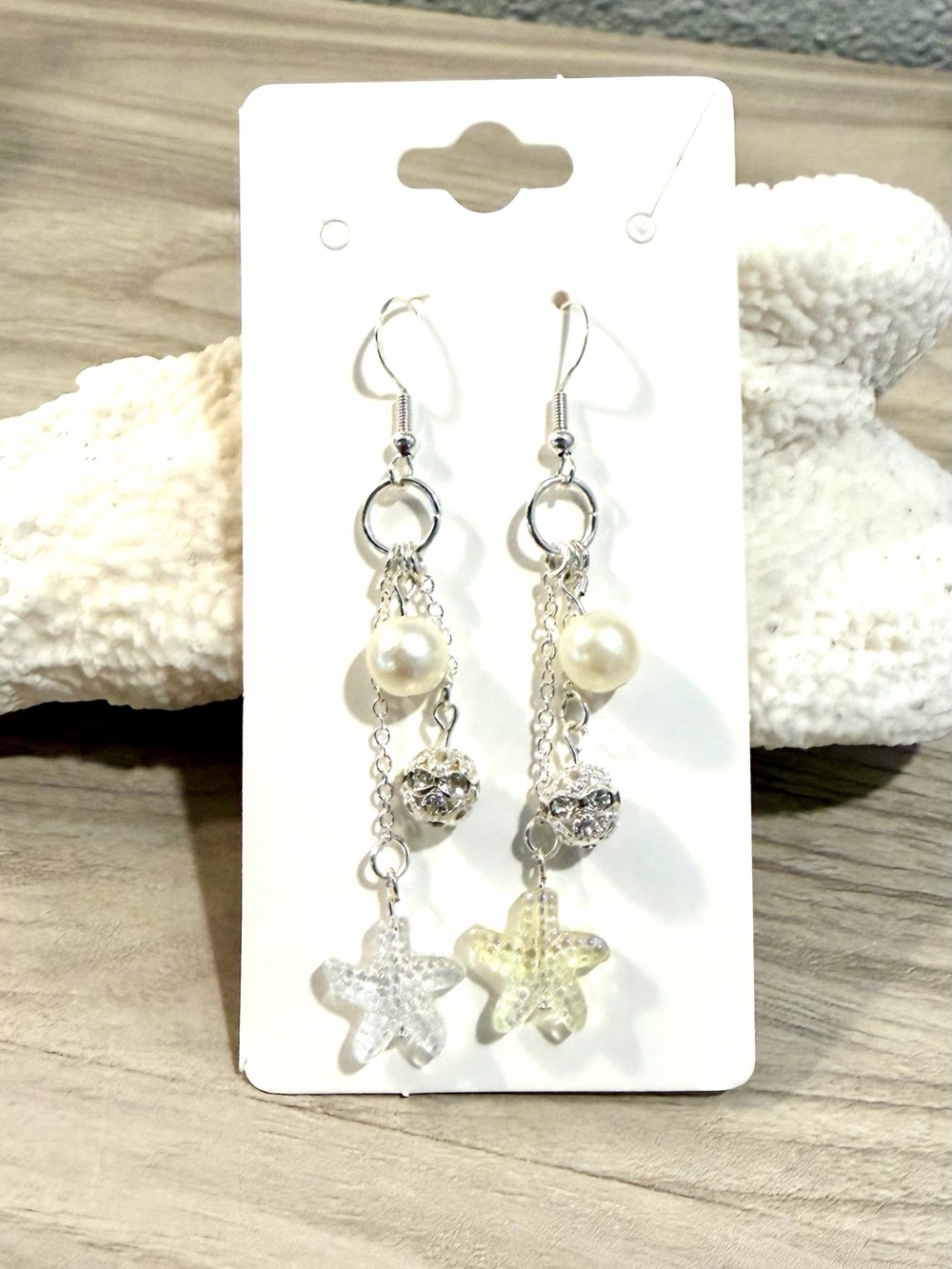 78. Silver Pearl & Starfish Drop Earrings - Elegant Beach-Inspired Jewelry
